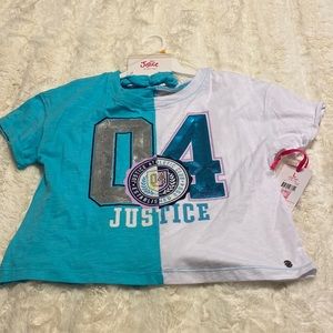 ⭐️NWT Justice girls split graphic oversized T-shirt- L 12/14. White & Turqoise